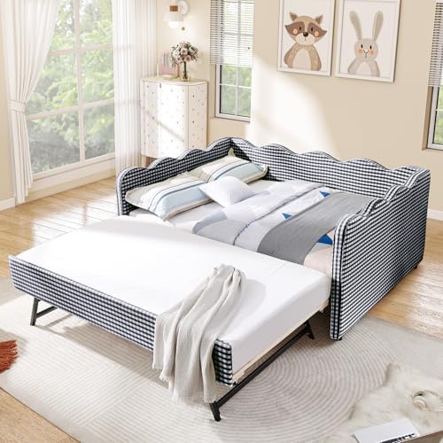 Full Size Daybed with Pop Up Trundle, Linen Gingham Full to King Daybed with USB Ports, Upholstered Day Bed Frame, Modern Sofa Bed for Bedroom/Living Room/Guest Room, No Box Spring Needed, Navy