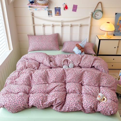 mixinni Hot Pink Leopard Print Duvet Cover Set Twin XL Size, 3PCS Cute Cheetah Animal Bedding, 100% Cotton Double Gauze Soft Aesthetic Retro Sweet‑Cool Bedding Set with 2 Pillowcases for Girls Women