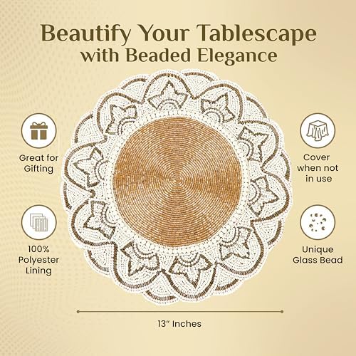 ALPHA Living HOME Beaded Placemats 13 Inch Gold Ivory Round Table Chargers