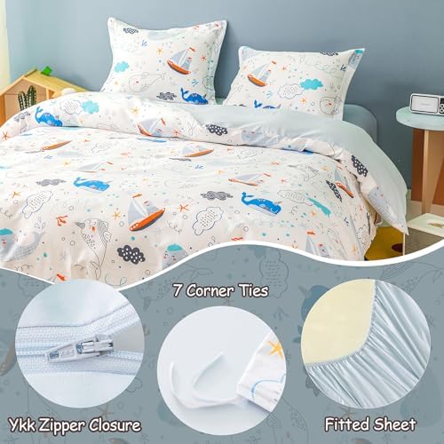 Simple&Opulence 100% Organic Cotton Duvet Cover for Kids Teens, 4 Pieces Soft Comforter Cover with Zipper Closure Cool Boy Girl Sea Sailboat Ocean Bedding Set - Whale, Full/Queen