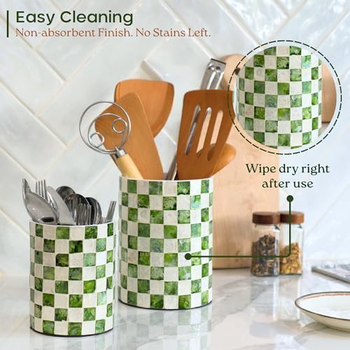 Chi An Home 7,4"+5.8" Capiz Pistachio Green Checkered Utensil Holders Set 2