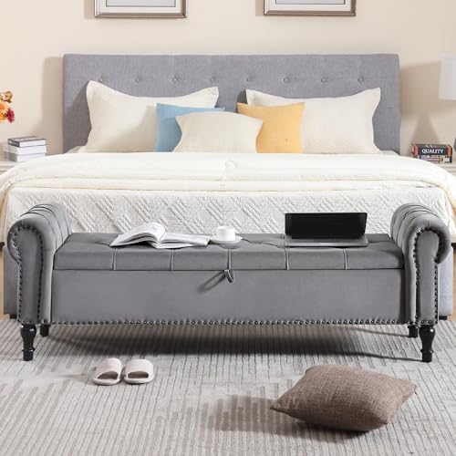 Velvet Storage Bench 67 Inch Upholstered Tufted Ottoman Bench with Rolled Arms Large Storage Space King Size End of Bed Bench for Bedroom Living Room Entryway Dark Grey