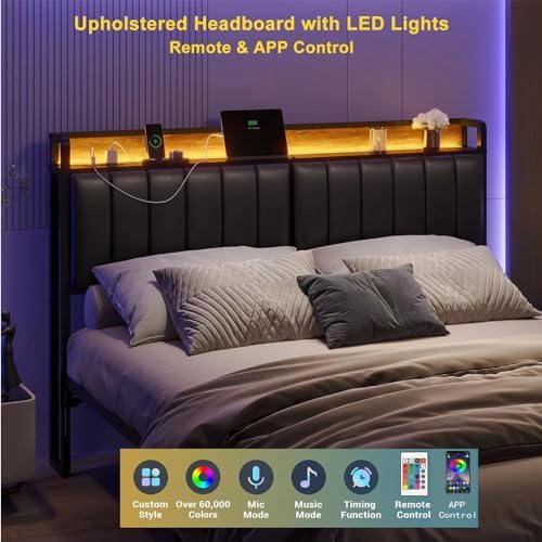 California King Size Upholstered Headboard with LED Lights & Charging Station, PU Upholstery, Cal King Headboard Only, Height Adjustable, Attach Frame, Sturdy and Stable, Easy Assembly