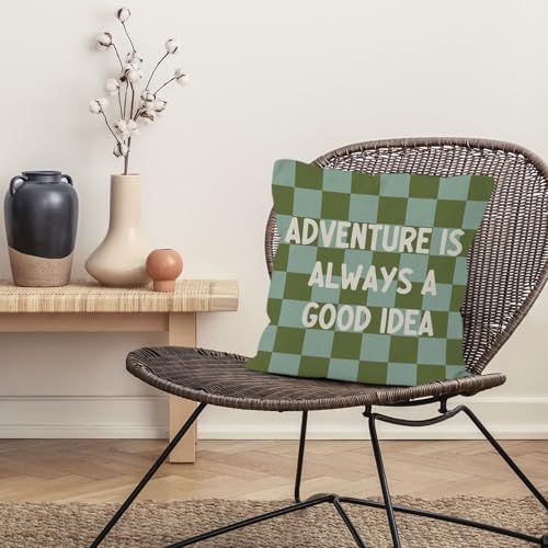 Adventure Nursery Throw Pillow Cover 18x18, Green Checkered Boy Nursery Decorative Pillow Covers for Kids Toddler Little Boys Room Bedroom Playroom, Playroom Accent Pillows Cover Pillowcases