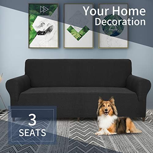 JIVINER High Stretch Couch Covers for 3 Cushion Couch 1-Piece Jacquard Elastic Sofa Slipcovers Anti Slip Sofa Cover with Elastic Bottom Furniture Protector for Kids Pets (Sofa, Black)