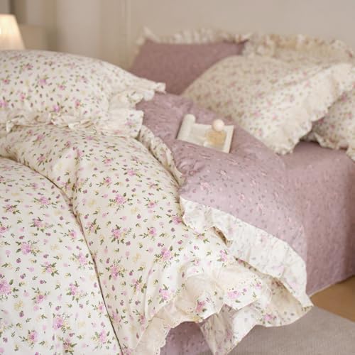 Pink Floral Twin Duvet Cover Cotton Boho Twin Comforter Cover Lace Trim Ruffle Soft Pattern Duvet Cover Set with 2 Pillow Cases Chic Zipper Bedding Set Princess Duvet Protector
