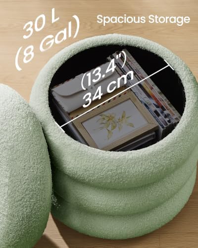 SONGMICS Vanity Stool, Round Ottoman with Storage, Teddy Fleece