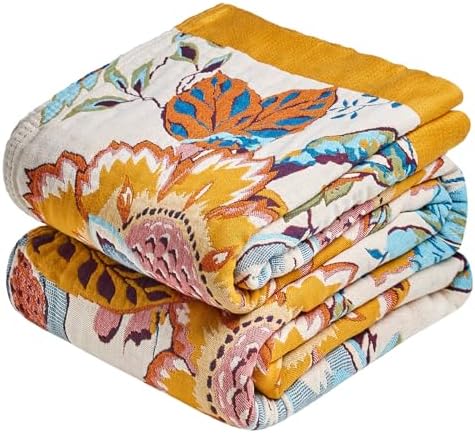 Boho Throw Blanket - 90"x108" Soft 100% Cotton Fall Quilt for Bed