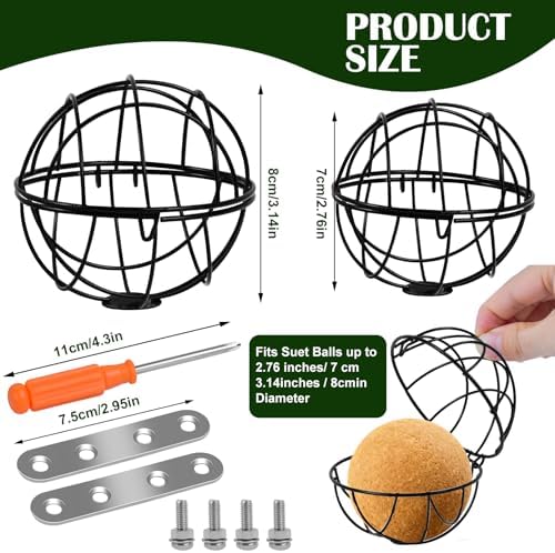 2PCS Metal Suet Ball Holder for Bird Buddy, Bird Suet Ball Cage Durable Bird Feeder Accessories with 5mm Screw Hole and 2 Perch Extender Compatible with Outdoor Smart Feeders (Dia 3.15", Dia 2.75")