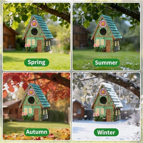 Bird Houses for Outside Cottage-Style Hanging Birdhouse with Flower Accents – Hand-Painted Resin Decorative Birdhouses for Outdoors for Bluebird Finches Cardinals Bird Nesting Garden, Patio, Yard