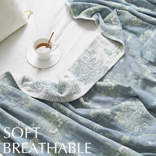 jinchan 100% Cotton Muslin Blanket Queen Boho Bed Blanket 80x90 Blue/White