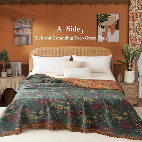 Phuryllic Boho Throw Blanket Queen Size, Oversized Soft Cozy Cotton Muslin Quilt Blanket for Bed Decor, Floral Patterned Couch Sofa Chair Cover, Vintage Farmhouse Cottage Woven Blanket, Green&Orange