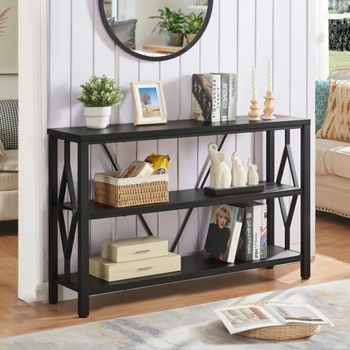 Sofa Console Table, Rustic Entry Table with 3 Tier Bookshelf,Black 47 Inch