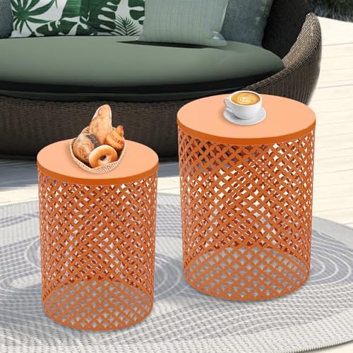 Metal Frame Accent Table,Cylindrical Outdoor Side Table,Decorative Garden Stool,Set of 2 Nesting Side Table,Modern Decorative Garden Stool for Patio Balconies Cafes Parks (2, Orange)