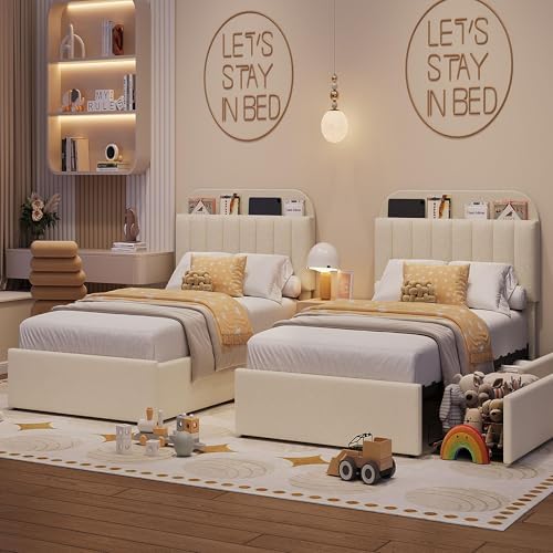 IDEALHOUSE Twin XL Bed Frame for Kids, Boucle Upholstered Platform Bed for Boys/Girls with 2 Flexible Drawers, Bookcase Headboard, Noise-Free, Easy Assembly, No Box Spring Needed, Beige