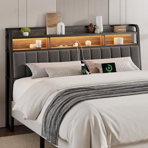 ONBRILL Ergonomic Headboard King Size with 2-Tier Storage, Black & Grey