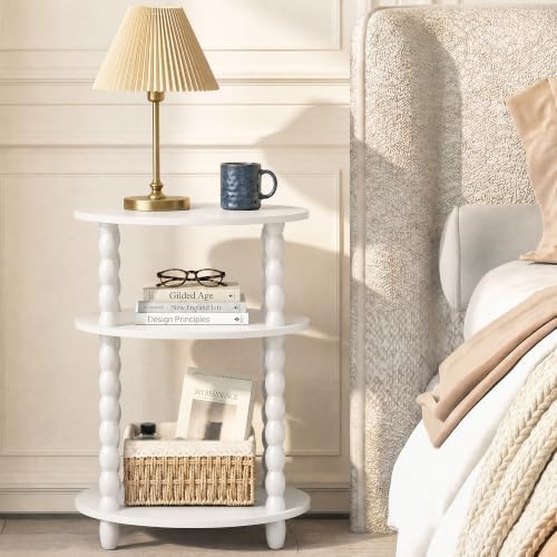 3-Tier Oval Side Table, Small End Table with Solid Wood Spindle Legs White