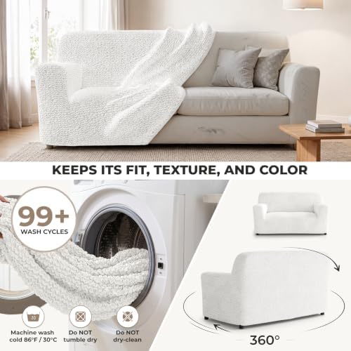 PAULATO Premium Stretch Couch Covers for Sofa - Sofa Chair Cover Washable, Dogs & Pets Friendly - Elastic Polyester Loveseat Slipcovers - Non-Slip Love Seat Couch Covers - Crisp White (40"-63" Wide)