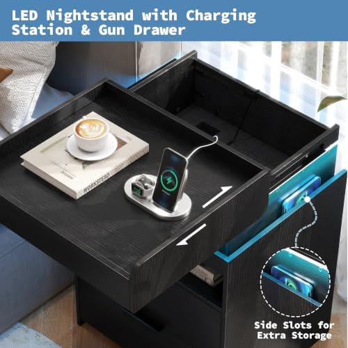 Baoz 28" Tall Modern Nightstand with Charging Station & LED Lights, Black