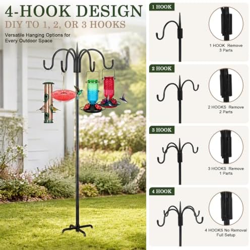 FEED GARDEN Heavy Duty Shepherds Hook 2 Pack 92" Four Hooks Adjustable (44/60/76/92") - Metal 5-Prong Base, 17lb Capacity - Easy Assembly Bird Feeder Pole for Hanging Planters, Lanterns, Wind Chimes