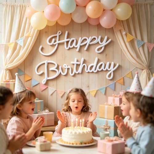 White Happy Birthday Sign Knitted Wire Words Birthday Wall Hanging Decor