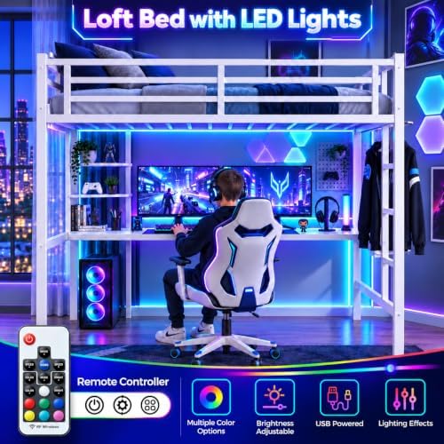 Twin Loft Bed with Desk, USB Charging Station, LED Light，Storage Shelves