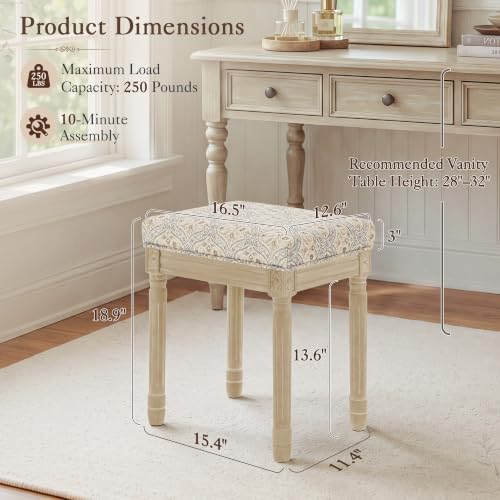 LUE BONA Vintage French Vanity Bench Stool, Upholstered Floral Makeup Chair
