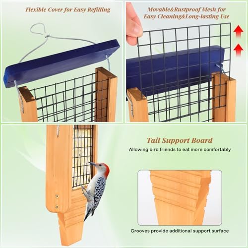 Gbekery Wooden Suet Feeder with Tail Prop for Outside Hanging, Blue Roof