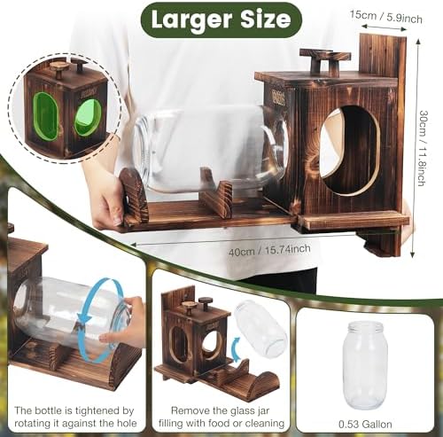 Squirrel Feeder, Large Squirrel Feeders for Outside, Durable Squirrel House, Wooden Chipmunk Feeder for Corn Peanuts with Removable Storage Bottle, 2 Stable Squirrel Stools