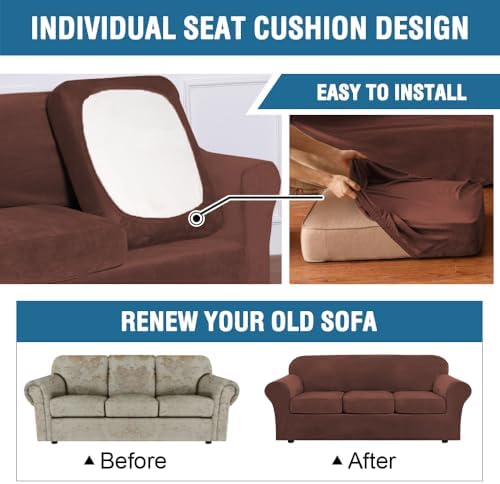 H.VERSAILTEX Real Velvet Plush 3 Piece Stretch Sofa Covers Couch Covers for 2 Cushion Couch Loveseat Covers Width Up to 72 Inch Feature Thick Soft Stay in Place (Medium Sofa, Burnt Brick)