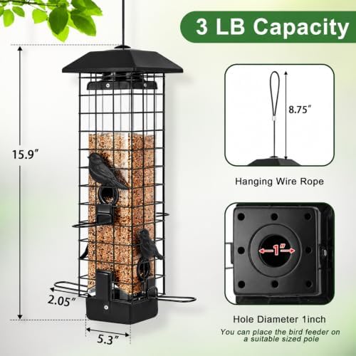 Gbekery Metal Squirrel Proof Bird Feeders for Outdoors Hanging, Black