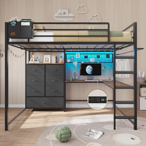 DICTAC Full Loft Bed with L-Shaped Desk and 7 Storage Drawers,Metal Full Size Loft Bed for Teen with LED Lights and Charging Station,13.11" H Safety Guardrail and Ladder,No Box Spring Needed, Black