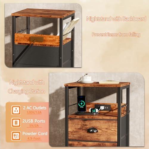 Furologee Nightstand with Charging Station for Dorm, 2 Fabric Drawers