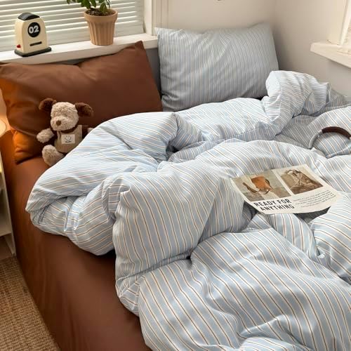 Vintage Striped Duvet Cover Twin XL - 3 Pieces Blue & Brown Stripes Bedding