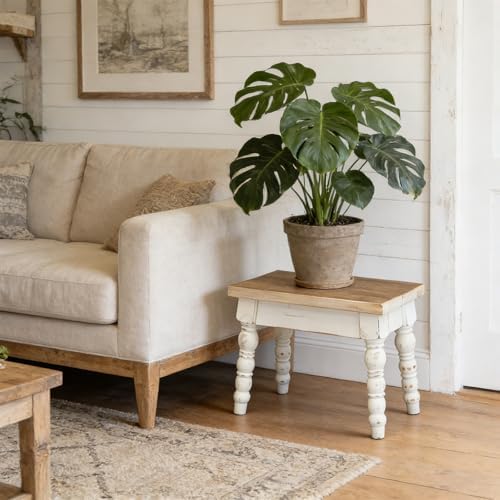 Rectangular Solid Wood Step Stool, Farmhouse Wooden Stool, Easy Assembly Narrow Step Stool for Kids, Indoor Plant Stand for Bathroom Kitchen, French Country Shabby Chic Decor