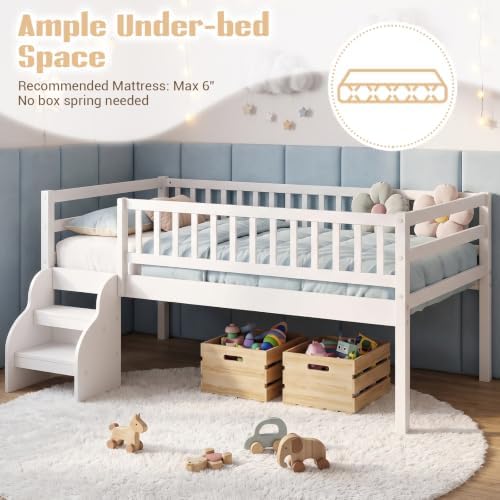 Giantex Kids Low Loft Bed Twin Size with Stairs & Safety Guardrails, White