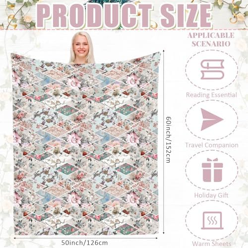Breling Boho Floral Throw Blanket with Vintage Patchwork 50 x 60 Inch