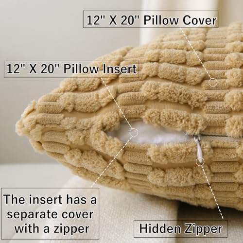 2 Pack Corduroy Decorative Throw Pillow with Inserts, 18x18 Inch Soft Boho Throw Pillow, Square Striped Throw Pillows for Couch, Bed, Sofa Decor (Golden Brown, 12" x 20" (with Inserts))