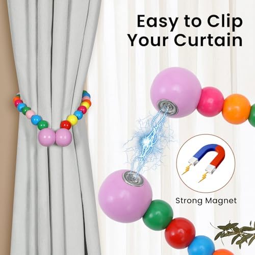 KLOGTSIND Magnetic Curtain Tiebacks, 4 Pack Wood Bead Curtain Holdbacks