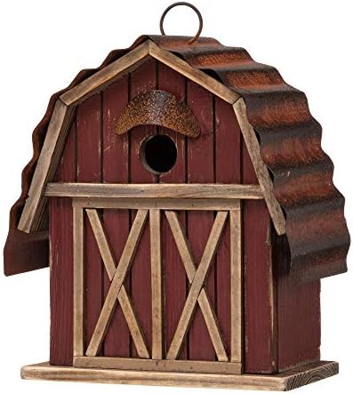 glitzhome 10.2" H Rustic Bird House Outdoor Garden Red Barn Patio Garden Decorative Handmade Distressed Solid Wood Birdhouse