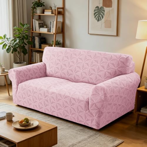 ZNSAYOTX Stretch Couch Cover, 1 Piece Sofa Covers for 2 Cushion Couch, Jacquard Loveseat Slipcovers with Elastic Bottom Thickened Furniture Protector for Dog Cat Pet (Medium, Dusty Pink)