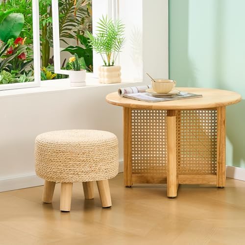 Cpintltr Ottoman Natural Seagrass Footrest Poufs Hand Weave Round Foot Stool for Couch Desk Soft Step Stool Padded Foot Rest with Pine Legs for Living Room Bedroom (Natural White)