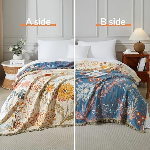 Boho Throw Blanket for Bed 60”x80”, 100% Cotton Blanket for Couch Sofa