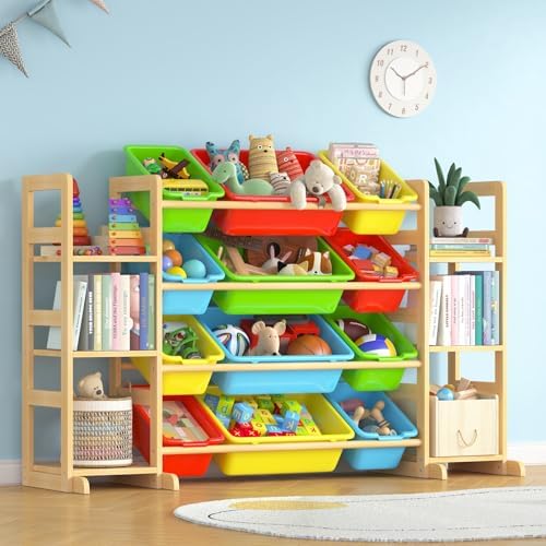 Large Toy Storage Organizer Kids Toy Organizer and Bookshelf Combo with 12 Bins and 6 Shelves Toy Organization Box Toy Shelf for Playroom, Bedroom, Nursery