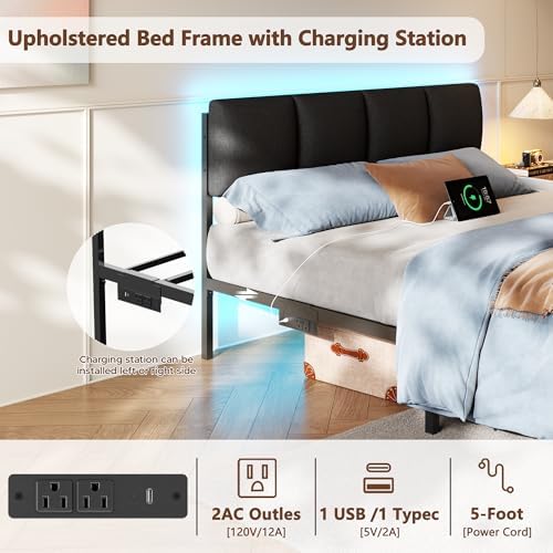 Furnulem Queen Bed Frame with Upholstered Headboard and 2 Storage Drawers