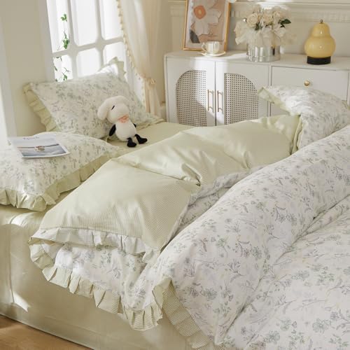 HighBuy Farmhouse 100% Cotton Duvet Cover Full Size,Lavender Floral Ruffle Lace Design Comforter Cover with 2 Pillowcases,Reversible Green Striped Duvet Cover Set Coquette Soft