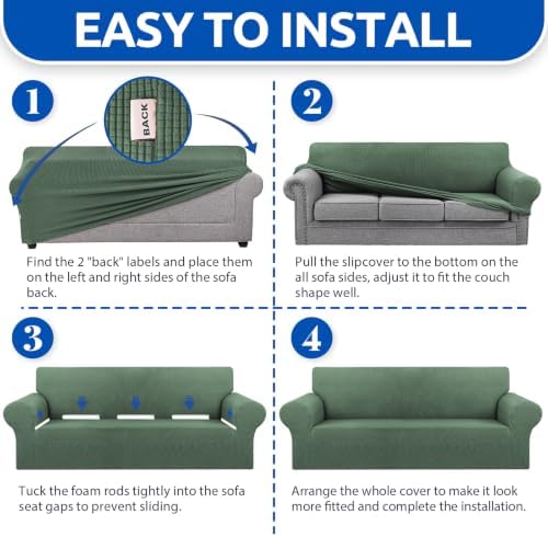 KEKUOU Stretch Couch Covers for Sofa, 3 Cushion Slipcover,Greyish Green
