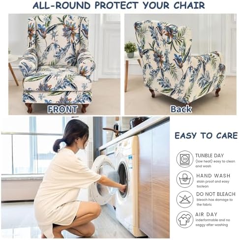 HAOYONG Wing Chair Slipcovers Stretch Wingback Chair Covers Printed 2 Pieces Wingback Armchair Slipcover Elastic Chair Slip Covers Washable Armchair Protector Cover for Living Room and Bedroom