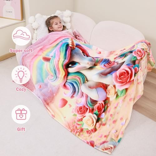 Softan Kids Throw Blanket for Girls & Boys, Warm Soft Toddler Fleece Blankets for Sofa Couch Bed， Cozy Fuzzy Plush Flannel Kids Throw Blanket for Daycare & School - 50x60In Rose Unicorn