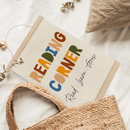 MAQIKA Reading Corner Poster Framed with Wood Hanger, Kids Reading Nook Hanging Wall Decor, Nursery Library Sign Canvas Wall Art Paint for Playroom School 12x16